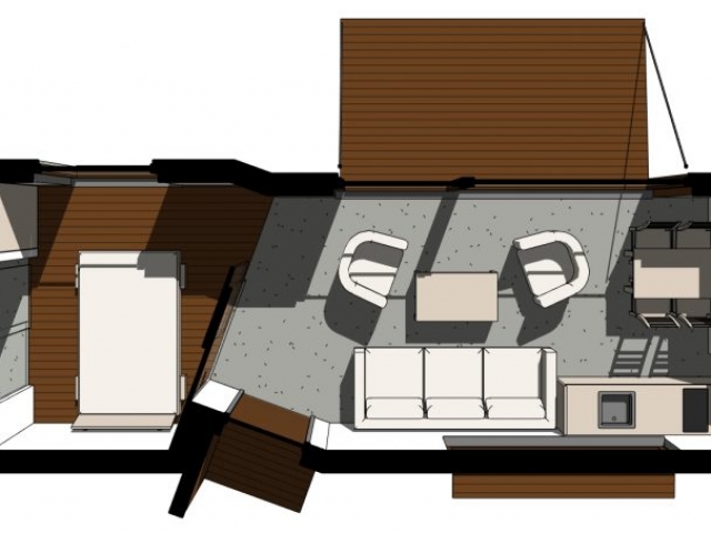 W malutkim domku znajdzie się miejsce do komfortowego życia dla dwóch osób, ale można też wykorzystać salon na dodatkowe miejsca do spania.