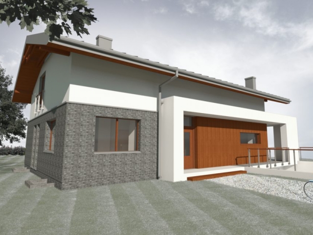 Dom składa się z tradycyjnej bryły z dachem dwuspadowym, którą rozcina poziomo zadaszenie tarasu.