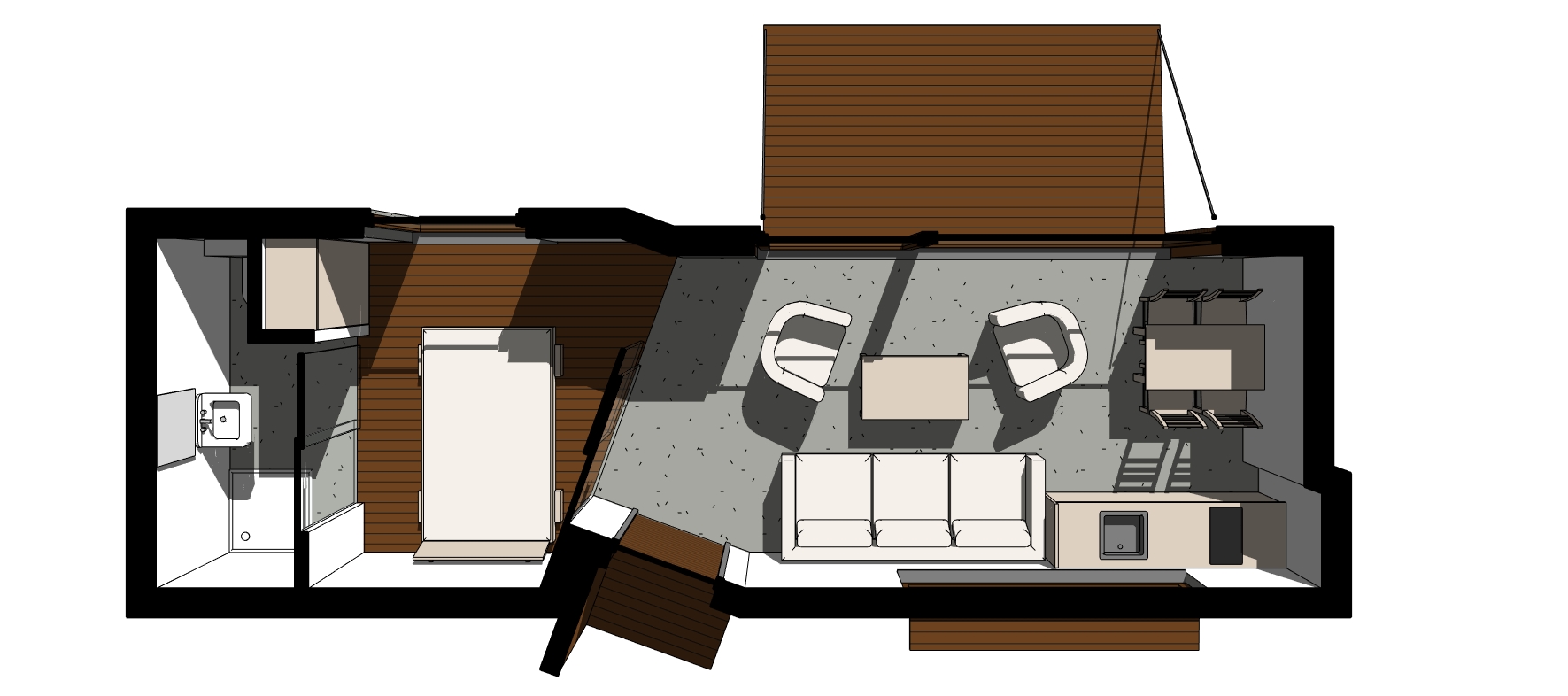 W malutkim domku znajdzie się miejsce do komfortowego życia dla dwóch osób, ale można też wykorzystać salon na dodatkowe miejsca do spania.