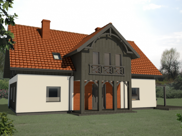 Projekt domu z charaktertystycznym dla Żuław podcieniem wejściowym.