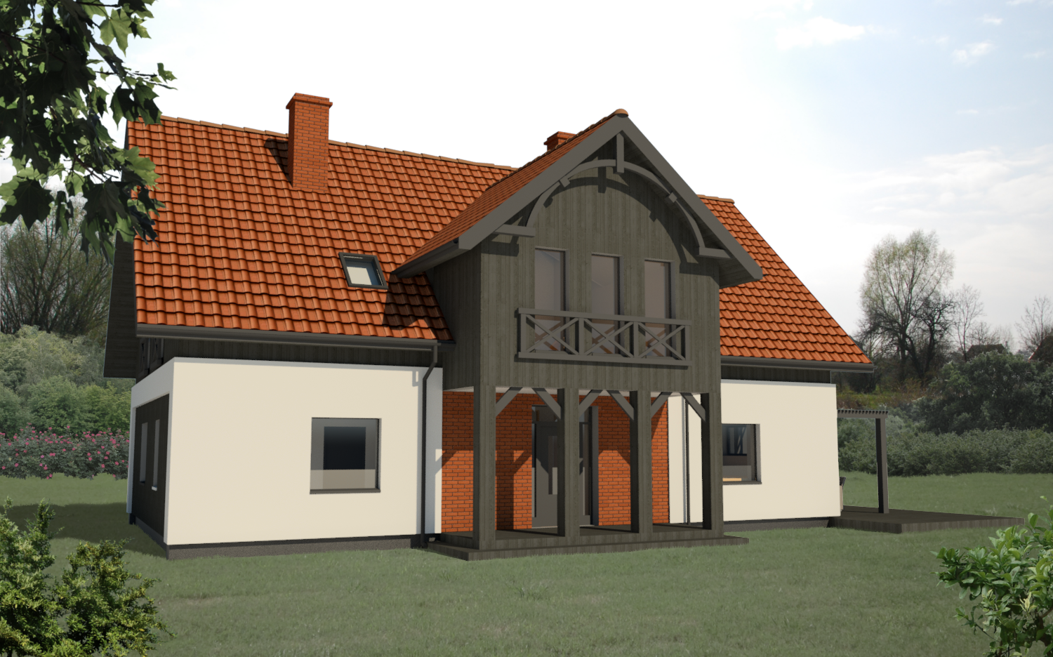 Projekt domu z charaktertystycznym dla Żuław podcieniem wejściowym.