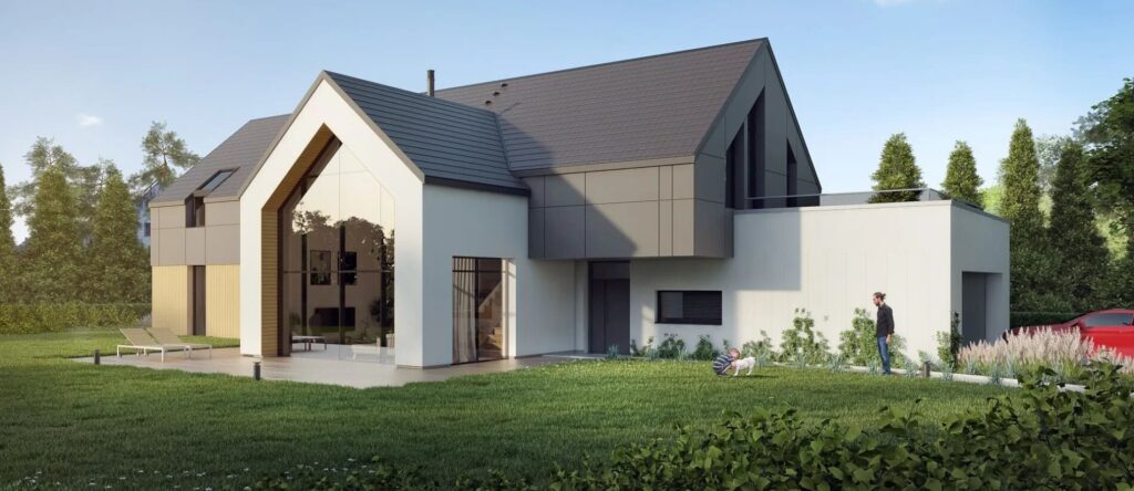 Projekt nowoczesnego domu z dachem skośnym i dużą przeszkloną ścianą w salonie